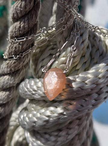 Peach Moonstone Faceted Leaf Sterling Silver Necklace