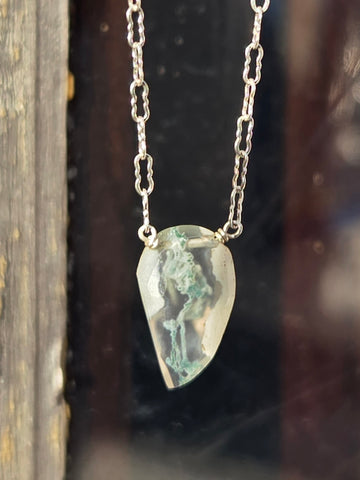 Moss Agate Faceted Leaf Sterling Silver Necklace