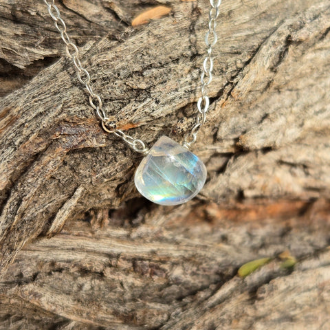 Rainbow Moonstone Briolette Sterling Silver Necklace