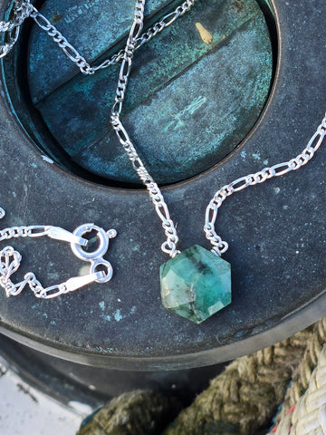 Emerald Faceted Hexagon Sterling Silver Necklace