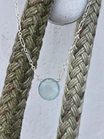 Aquamarine Faceted Disc Sterling Silver Necklace