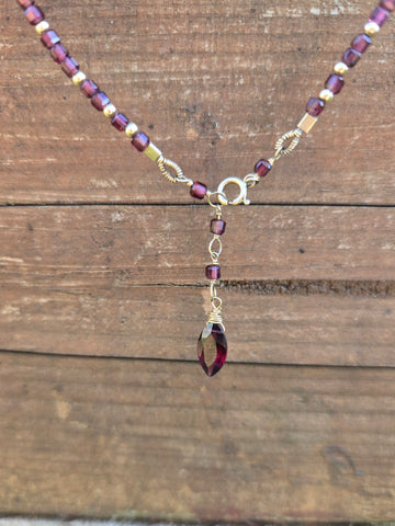 Garnet Faceted Dice 14K Gold Infinity Beaded Necklace