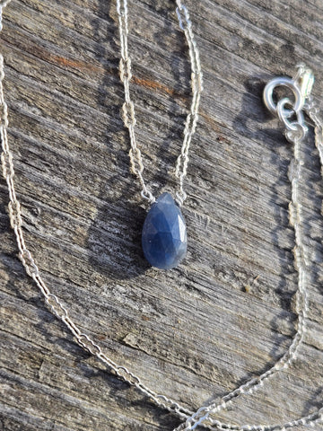 Blue Sapphire Faceted Briolette Sterling Silver Necklace