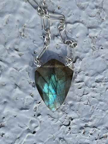 Labradorite Faceted Shield Sterling Silver Necklace