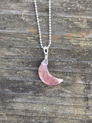 Pink Muscovite Crescent Moon Sterling Silver Necklace