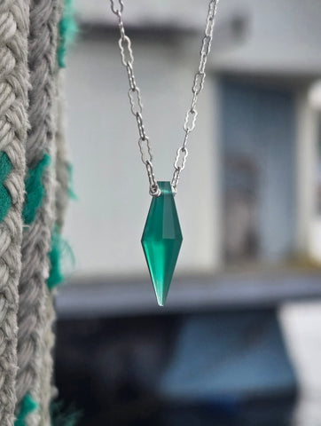 Green Onyx Faceted Diamond Dagger Sterling Silver Necklace
