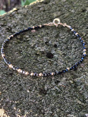 Black Spinnel Faceted Dice 14K and 10K Gold Beaded Bracelet