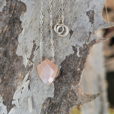 Peach Moonstone Faceted Shield Sterling Silver Necklace