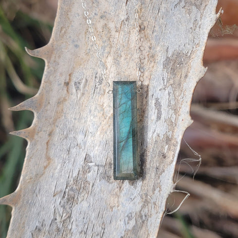 Labradorite Faceted Elongated Baguette Sterling Silver Necklace