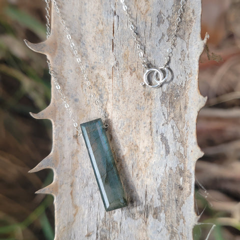 Labradorite Faceted Elongated Baguette Sterling Silver Necklace