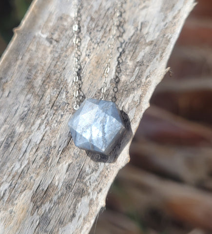 Grey Moonstone Faceted Hexagon Sterling Silver Necklace