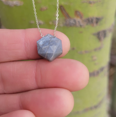 Grey Moonstone Faceted Hexagon Sterling Silver Necklace