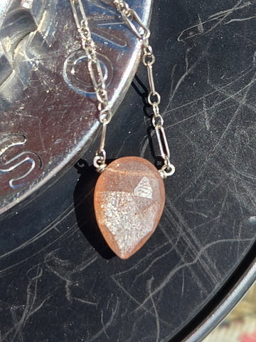 Peach Moonstone Faceted Leaf Sterling Silver Necklace
