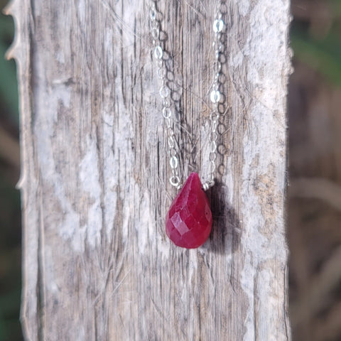 Ruby Faceted Briolette Sterling Silver Necklace