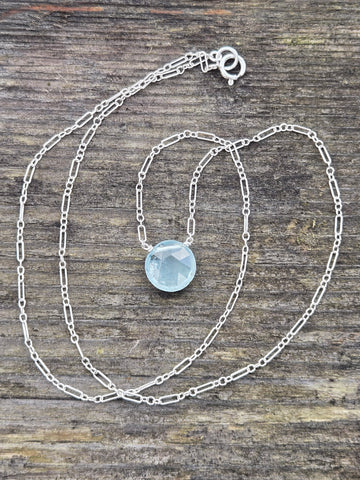 Aquamarine Faceted Disc Sterling Silver Necklace