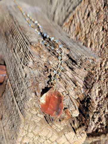 Red Oregon Sunstone and Catseye Alexandrite 14k Gold Necklace